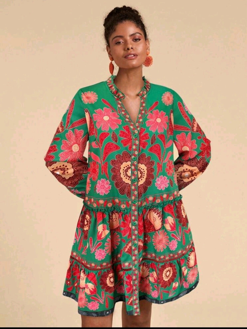 Green Floral Button-Front Tiered Dress